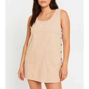 90s Vintage Sleeveless Mini Dress MEDIUM Peach Beige Denim‎ Casual A-Line Retro